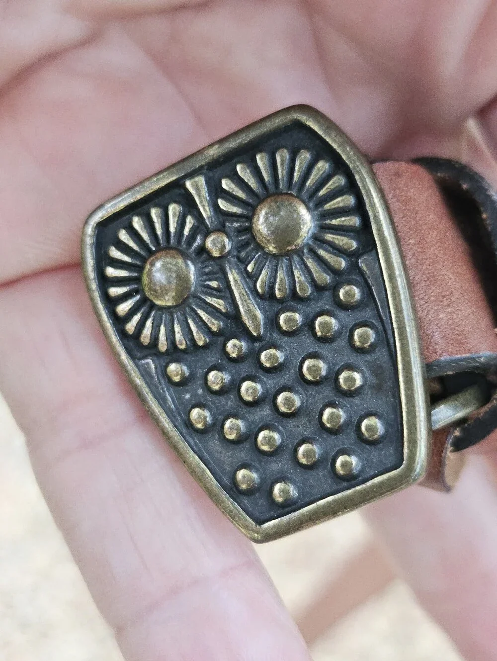 3D Brass MCM Style Owl Buckle Narrow Brown Leather Belt Size L